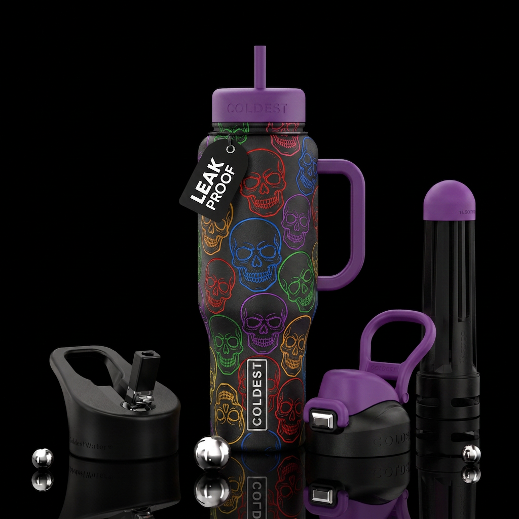 Outlines of skulls in red, blue, green, purple, or... water bottle design
