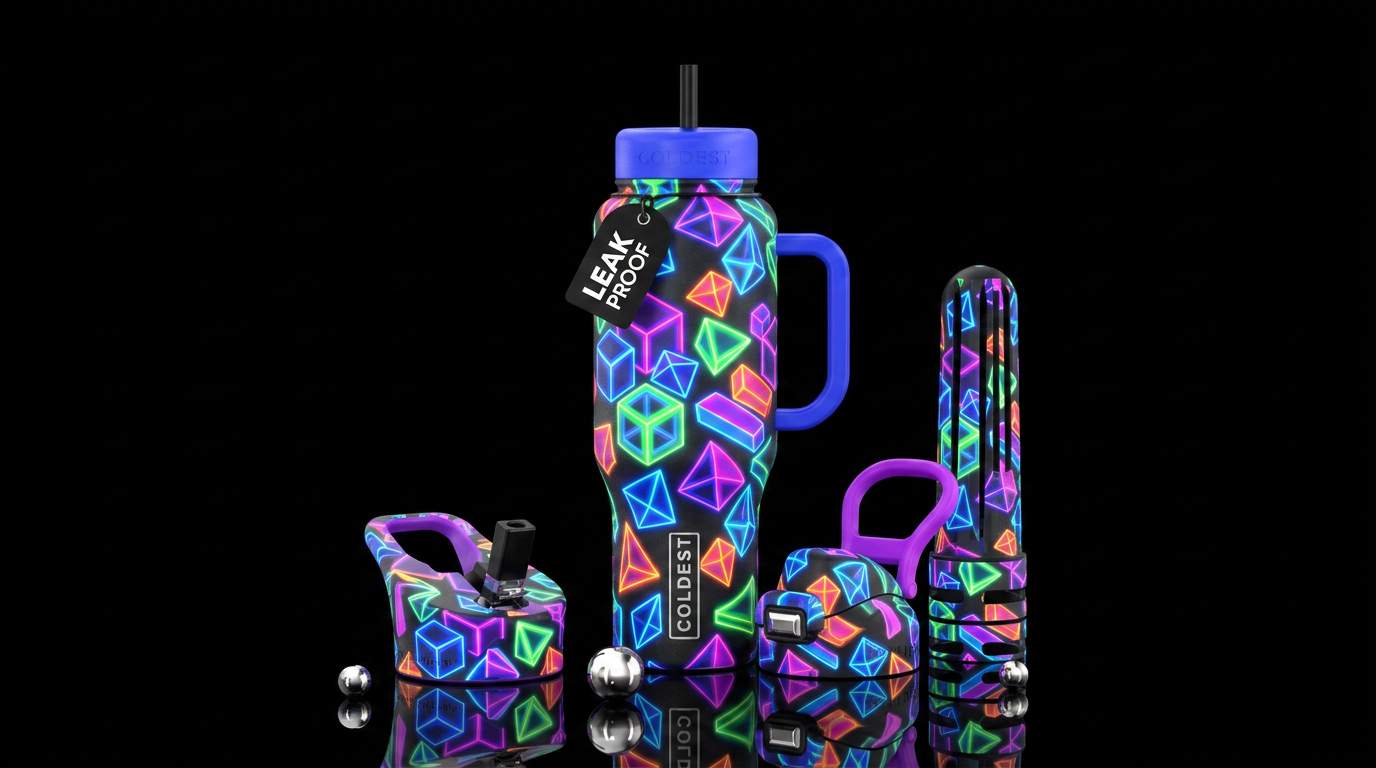 Glow in the dark neon Geometix shapes water bottle design