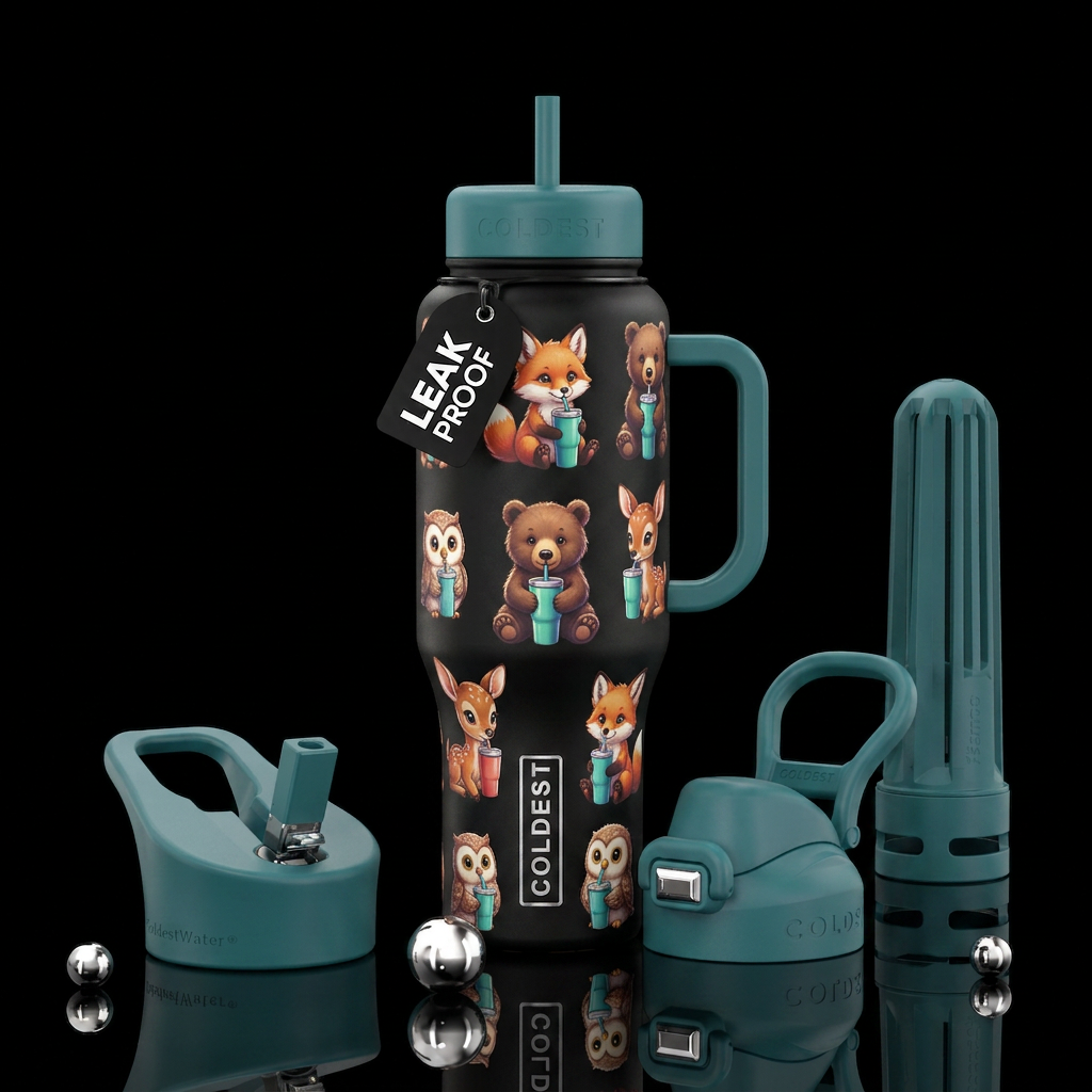 Baby Woodland animals sipping on tumblers water bottle design