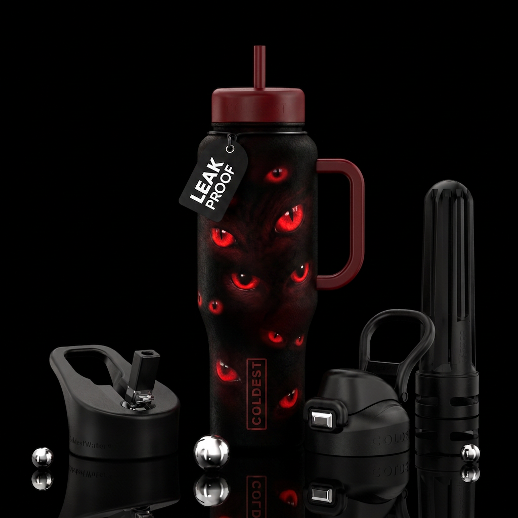 Glowing red eyes peering out from darkness water bottle design