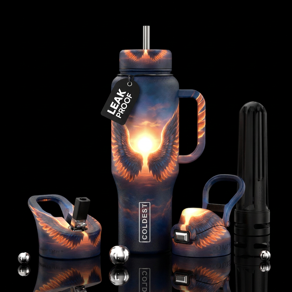 Glowing spread wings in sky with sun glowing brigh... water bottle design
