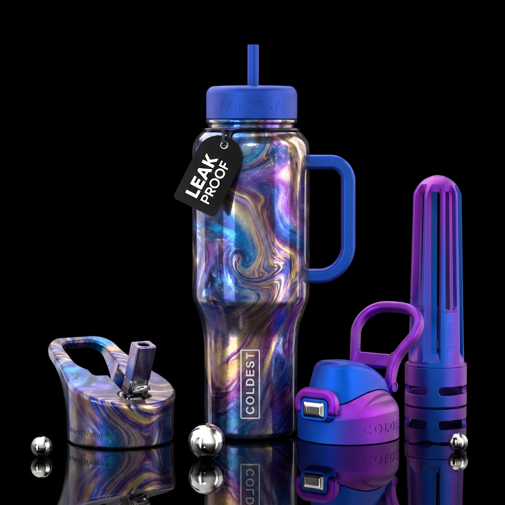 Metallic colors swirled around water bottle design