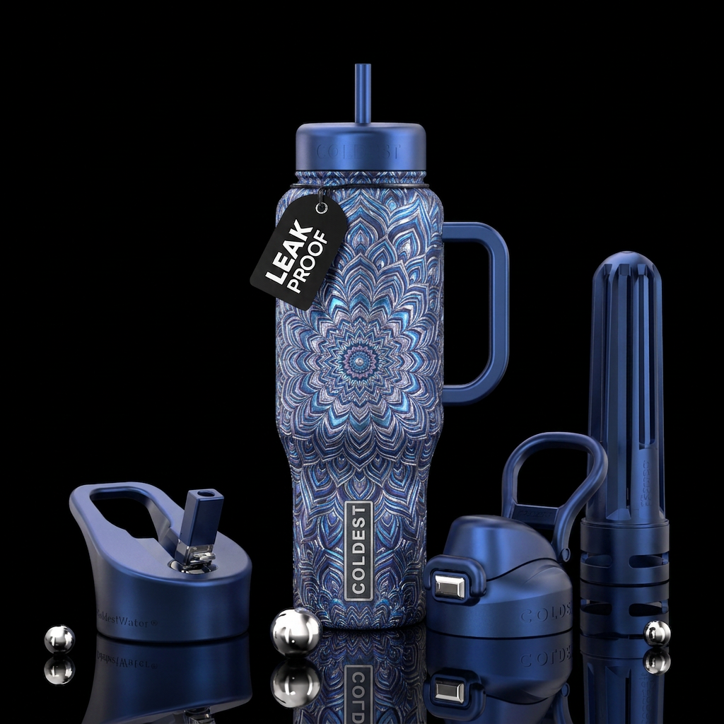 Mandala art in matalic blues purples and silvers water bottle design
