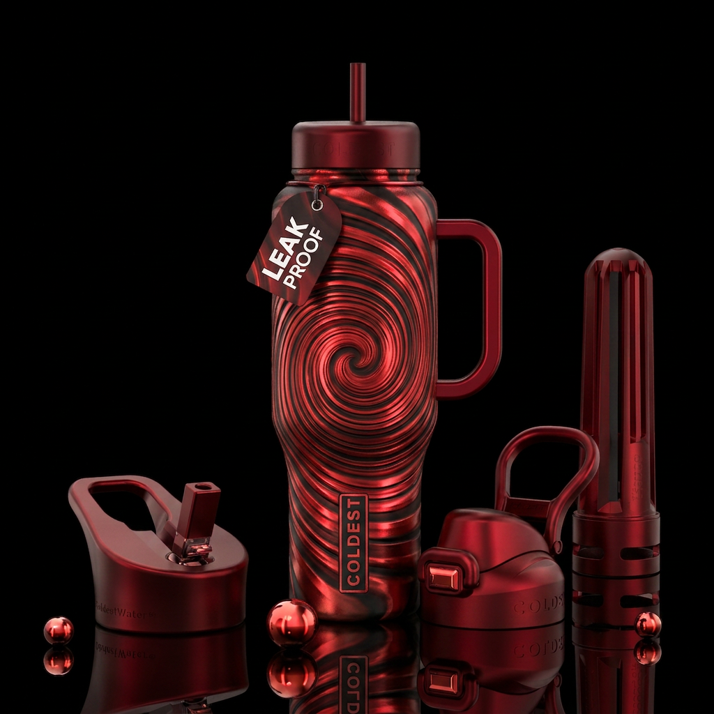 Spiral Vortex in metallic reds and black water bottle design