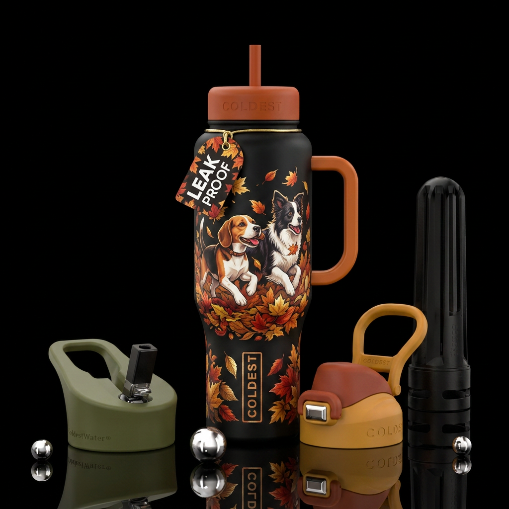 Beagle and boarder collie prancing through fall le... water bottle design