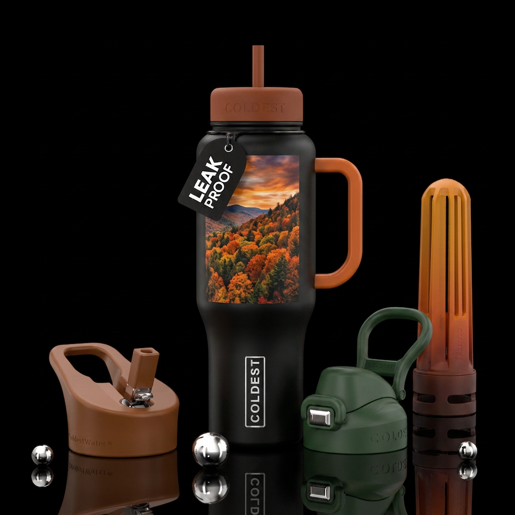 Fall colored trees along mountainside water bottle design