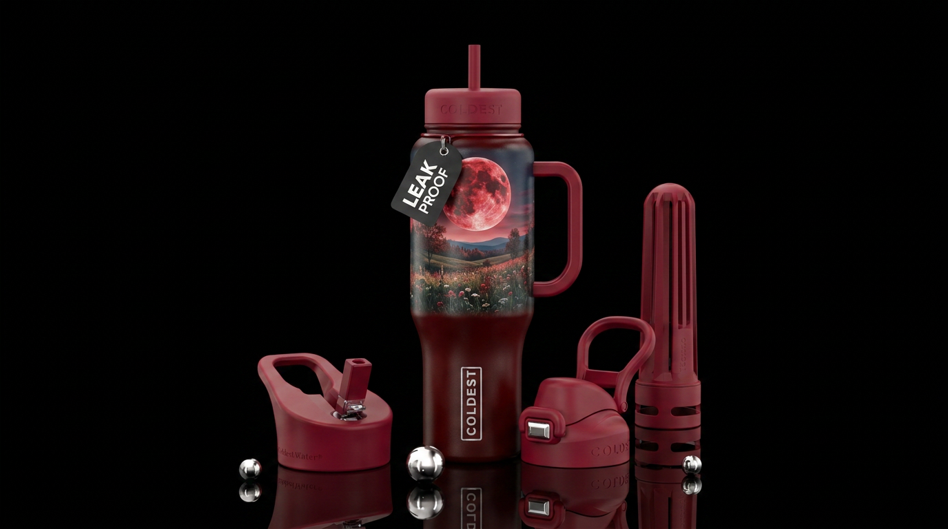 Blood redMoon rise  over scenic meadow water bottle design