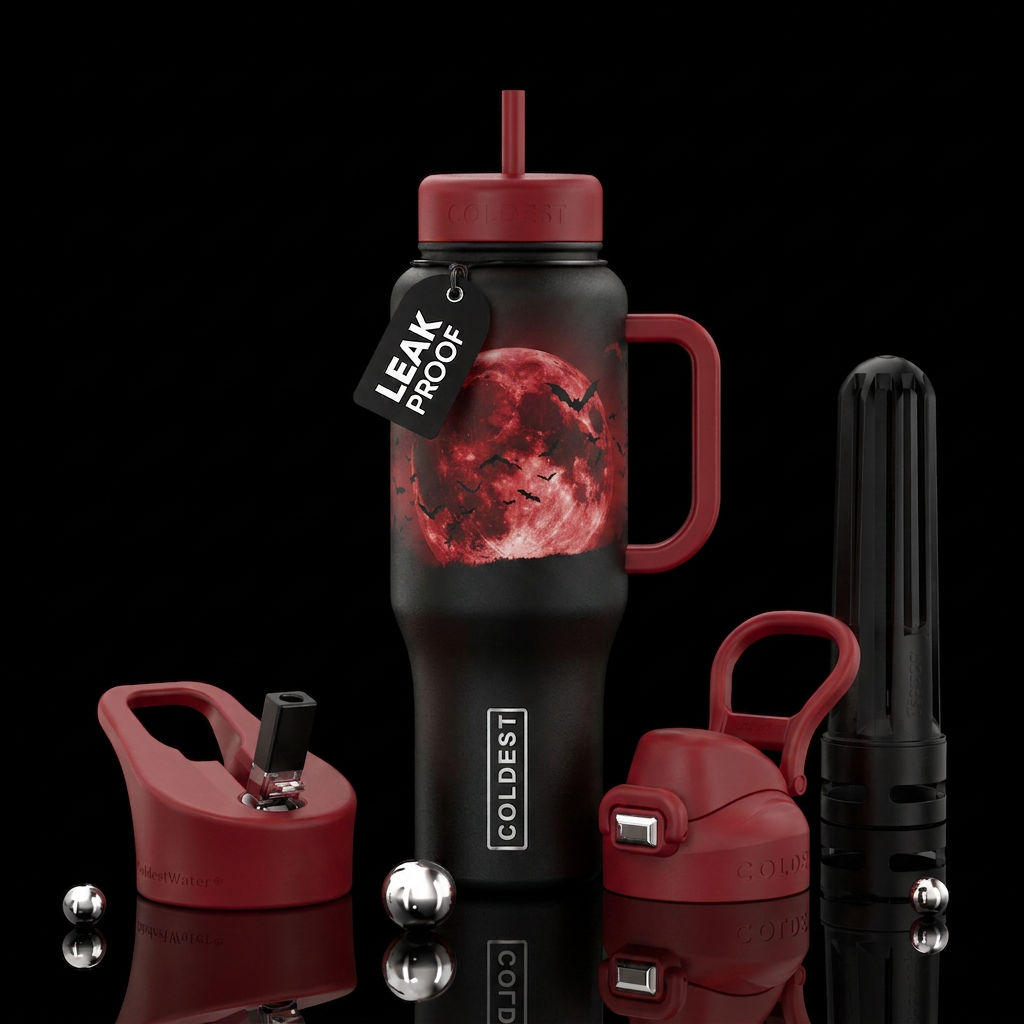 Blood red moon rise with bats flying water bottle design