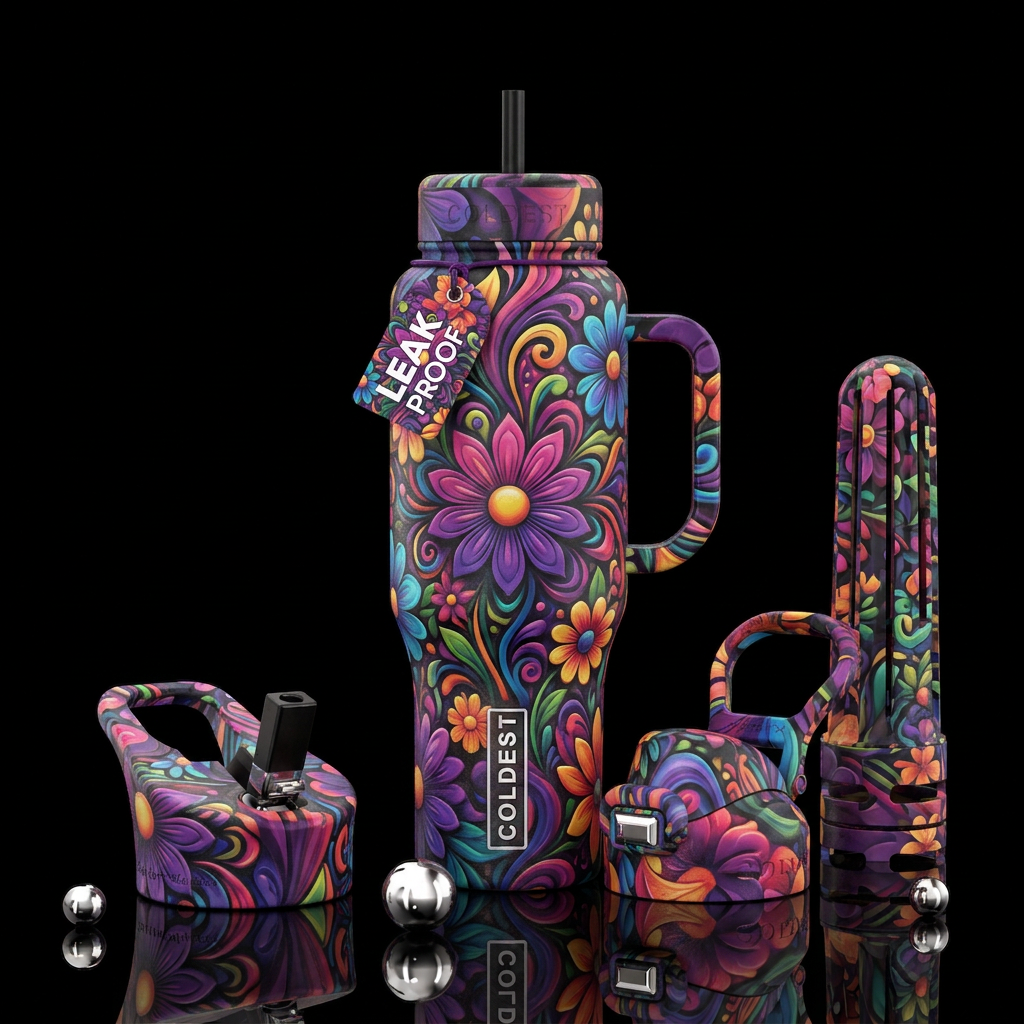 Psycodelic flowers water bottle design