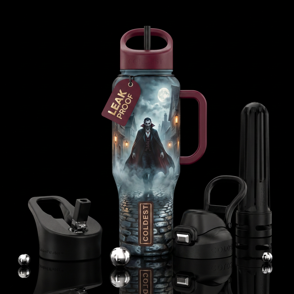 Vampire walking out of mist on cobblestone village... water bottle design