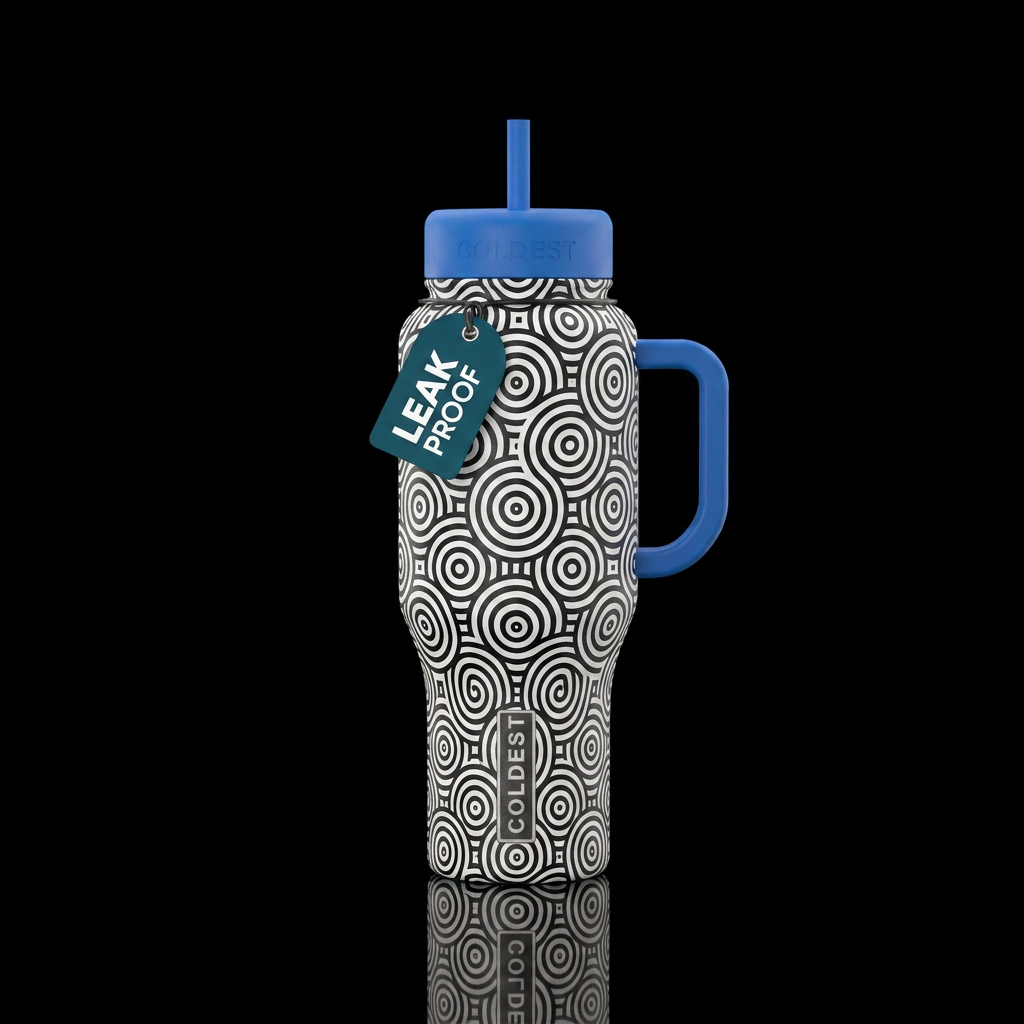 Black and white optical illusion in circular patte... water bottle design