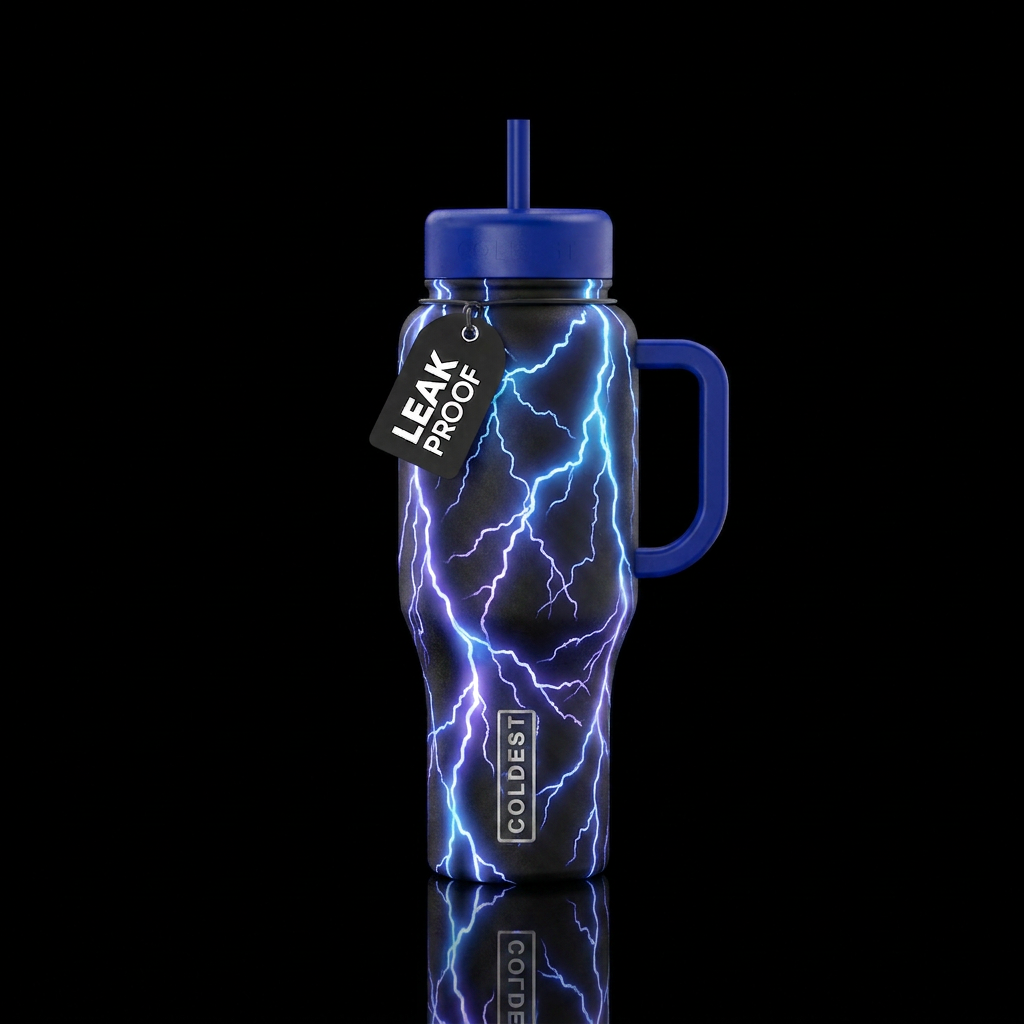 Shimmering glowingLightning bolts cascading around... water bottle design