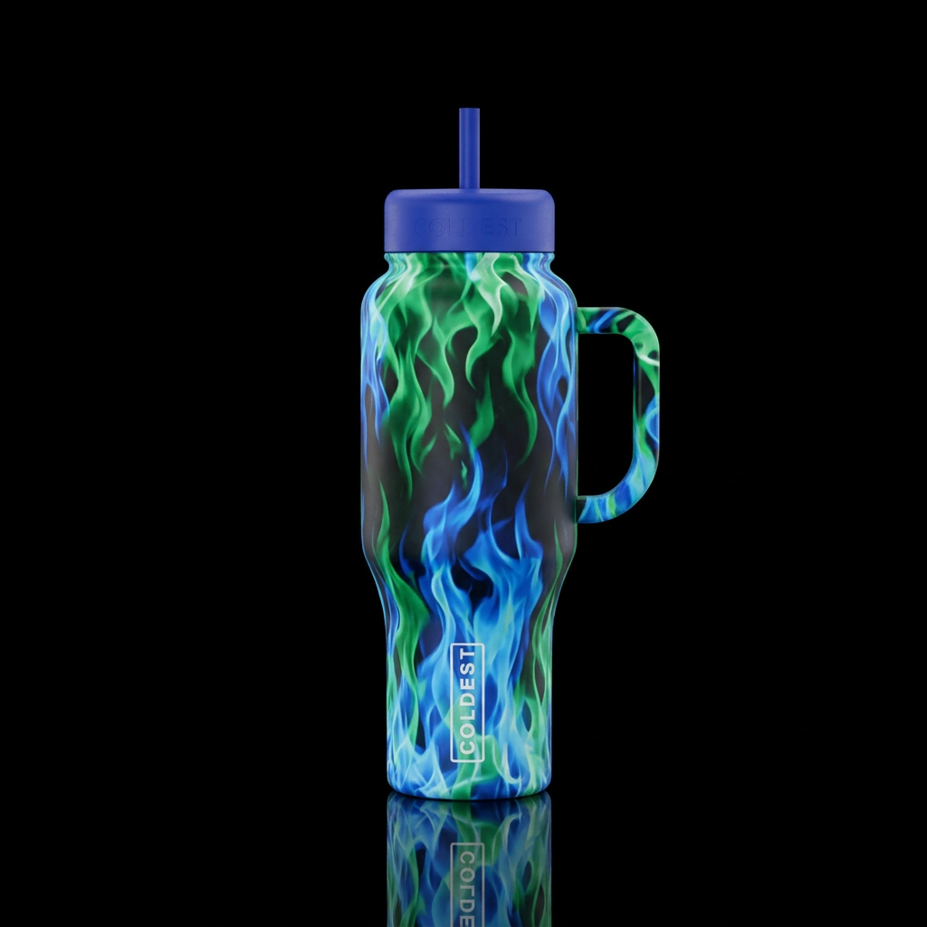 Green and blue flames water bottle design