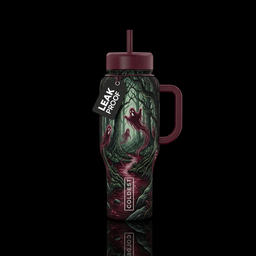 Dark red wine colored stream in woods with ghosts ... water bottle design