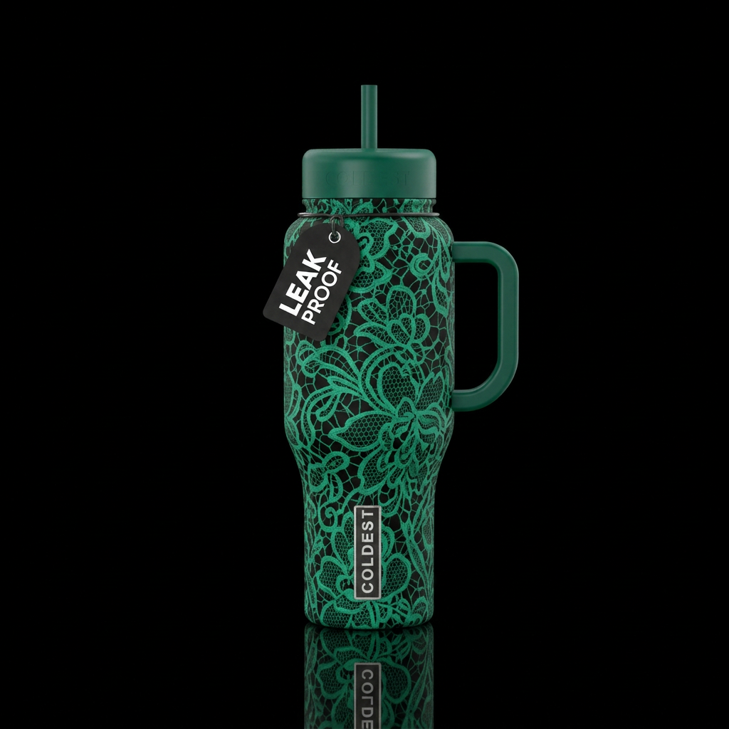Emerald green lace on black water bottle design
