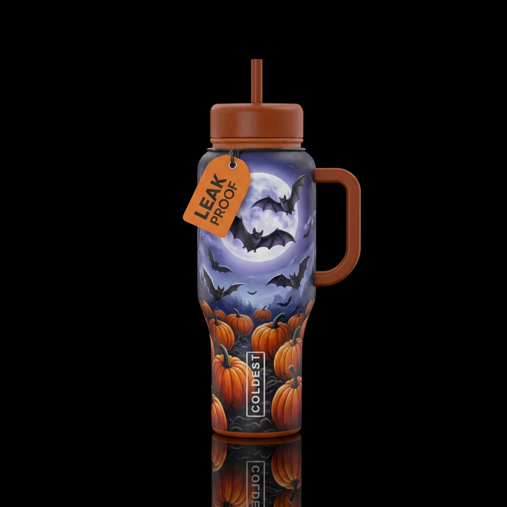 Bats flying around a pumpkin patch under the moonl... water bottle design