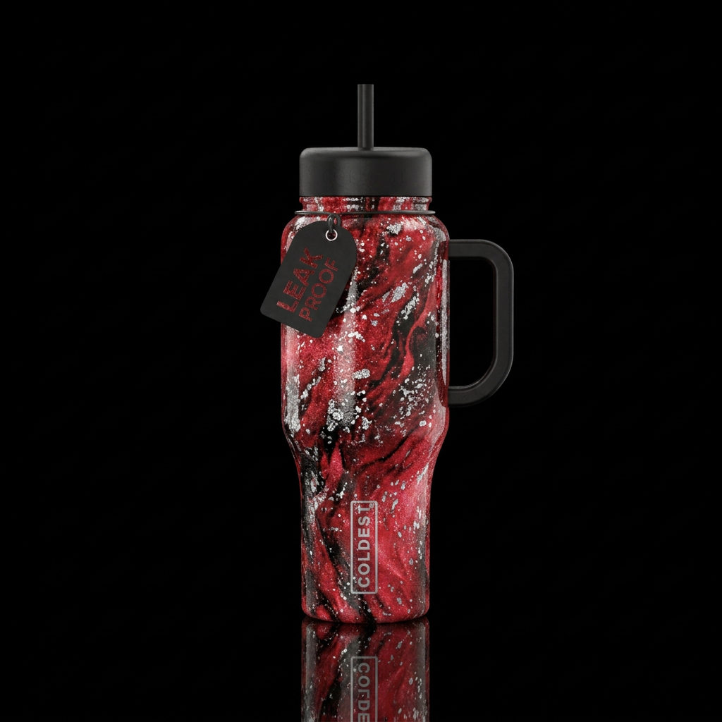 Red and black shimmering marble with silver speckl... water bottle design