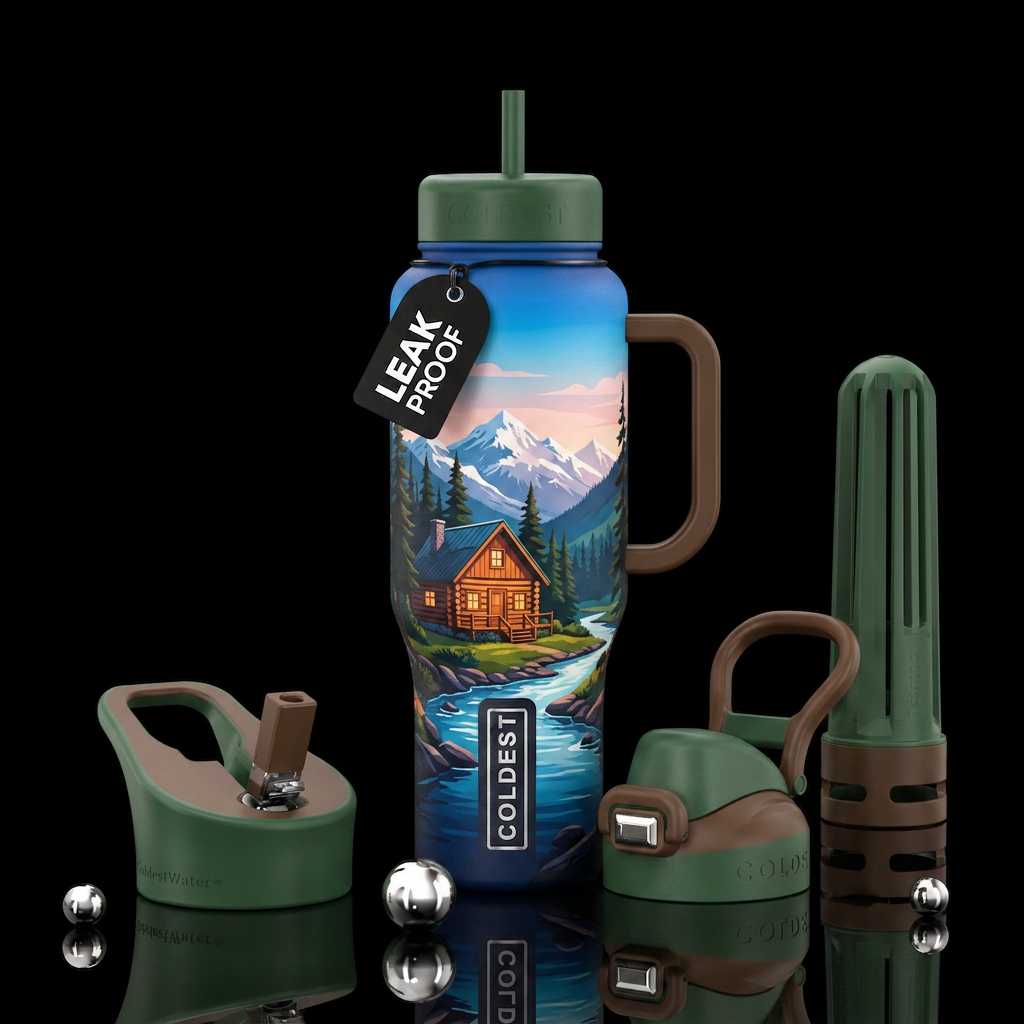 Cabin in the mountains water bottle design