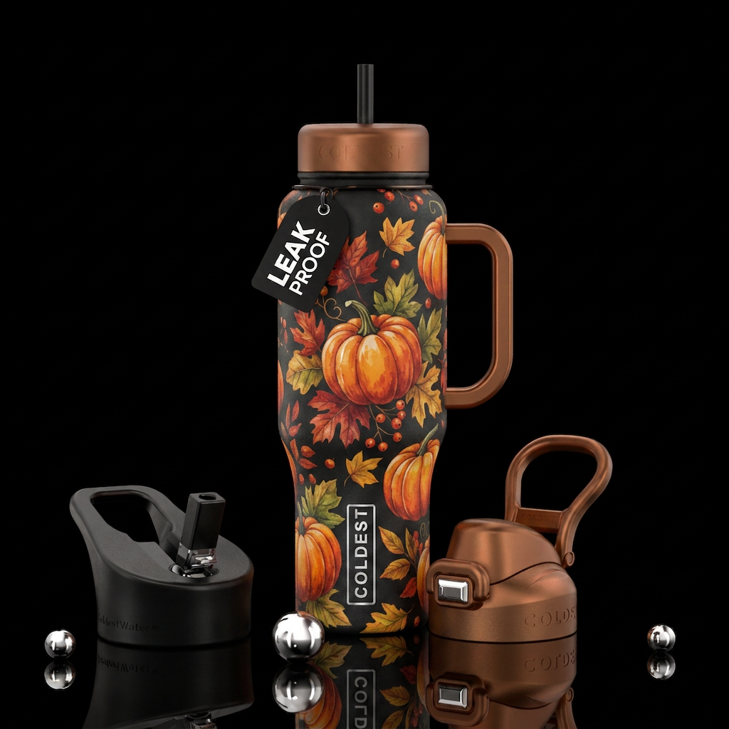 Pumpkins and leaves water bottle design