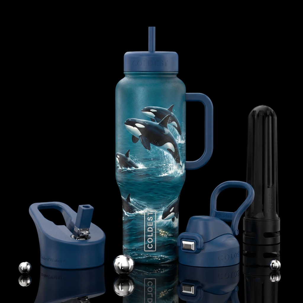 Orcas in the ocean jumping water bottle design