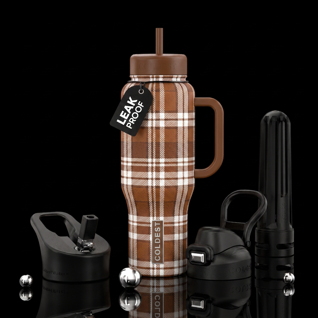 Brown and white plaid water bottle design