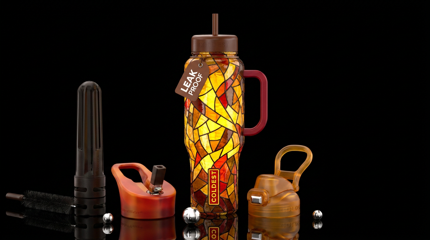 Yellow, orange, red, brown stained glass water bottle design