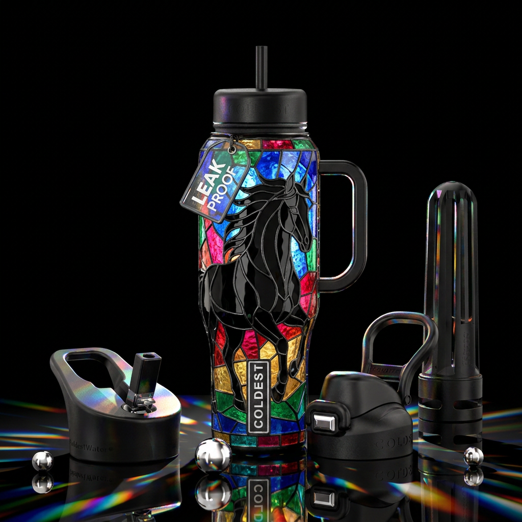 Black horse stained glass water bottle design