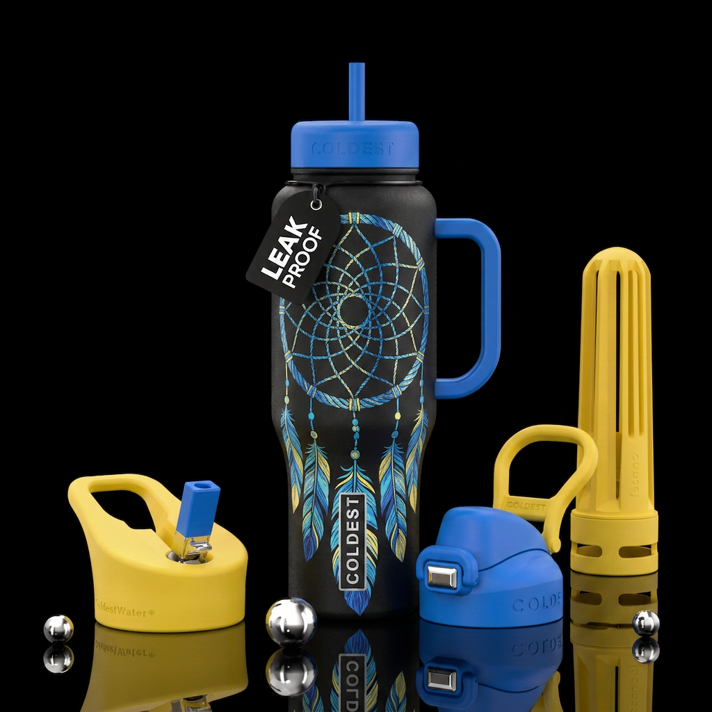 Dreamcatcher with blue and yellow water bottle design