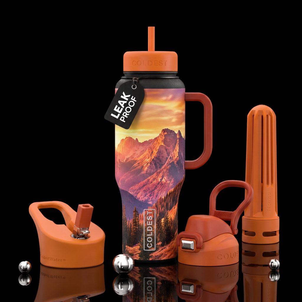 Sunset on the mountains water bottle design