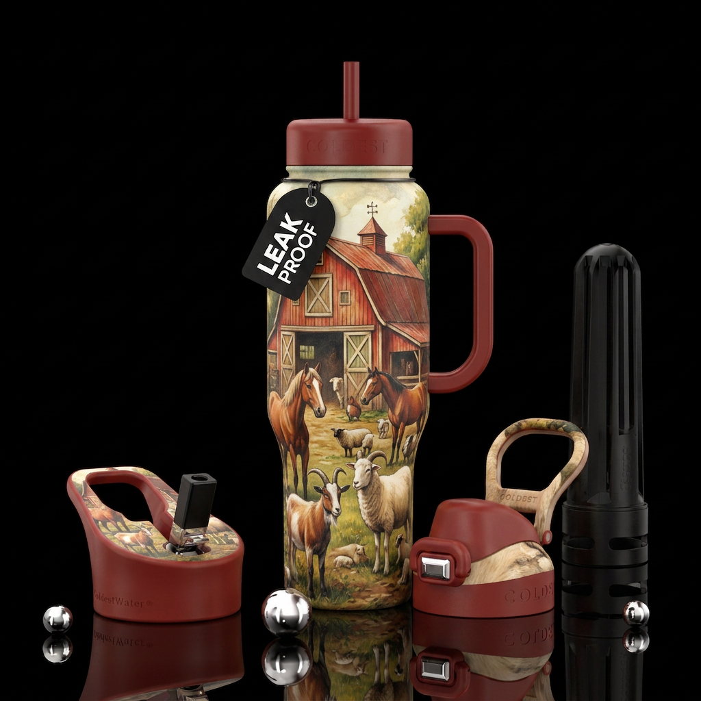 Barn with horses, sheep, goats water bottle design