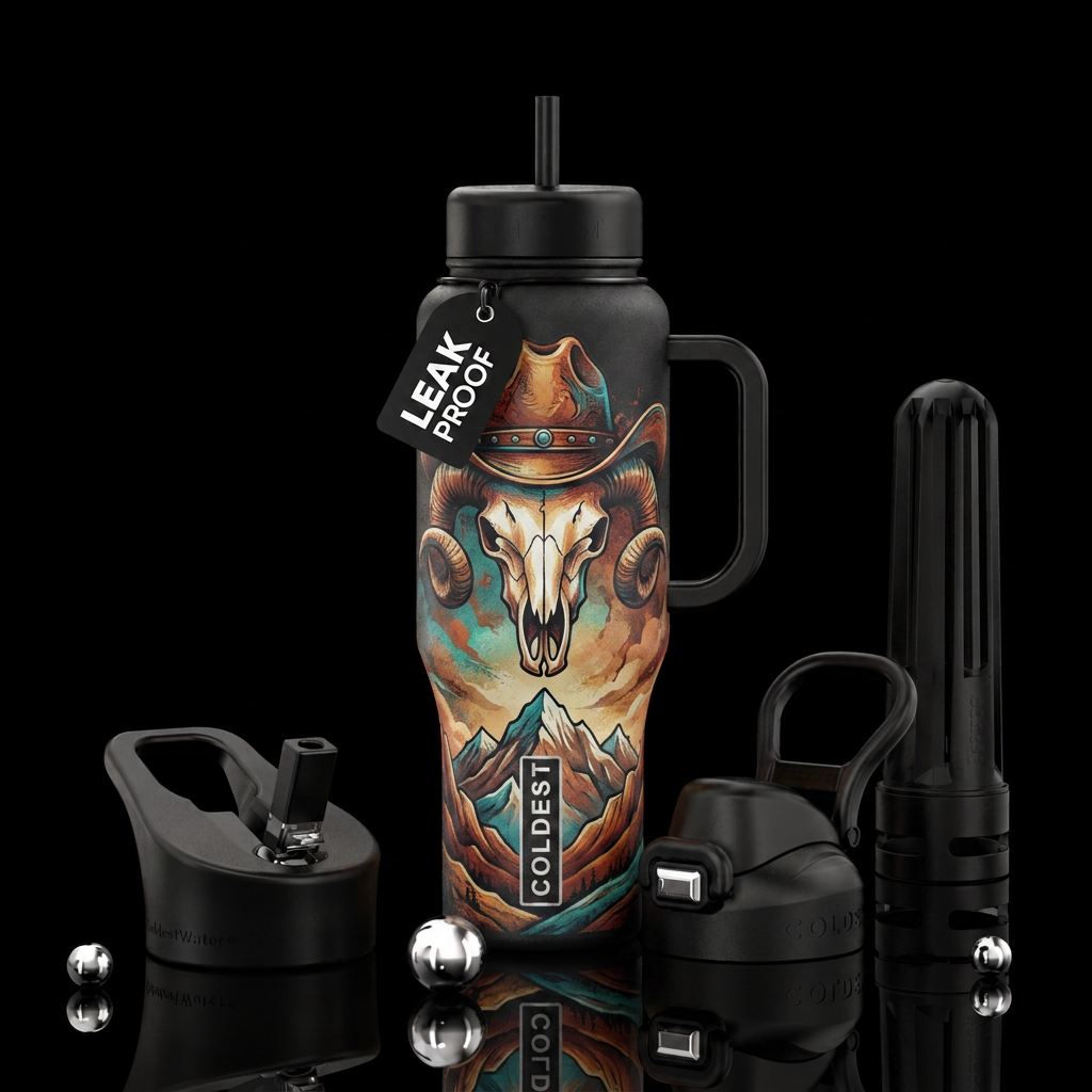 Cowboy hat, cow skull, mountains water bottle design