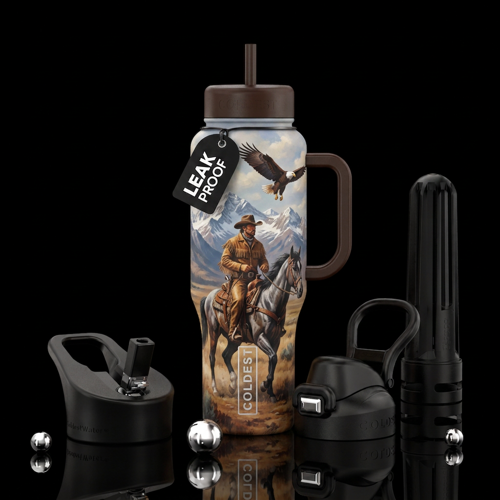 Cowboy riding horse, mountains, eagle flying water bottle design