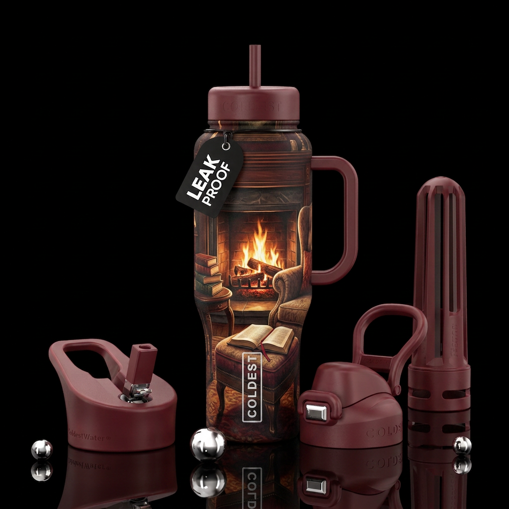 Fireplace, comfy chair, stack of books, footstool ... water bottle design