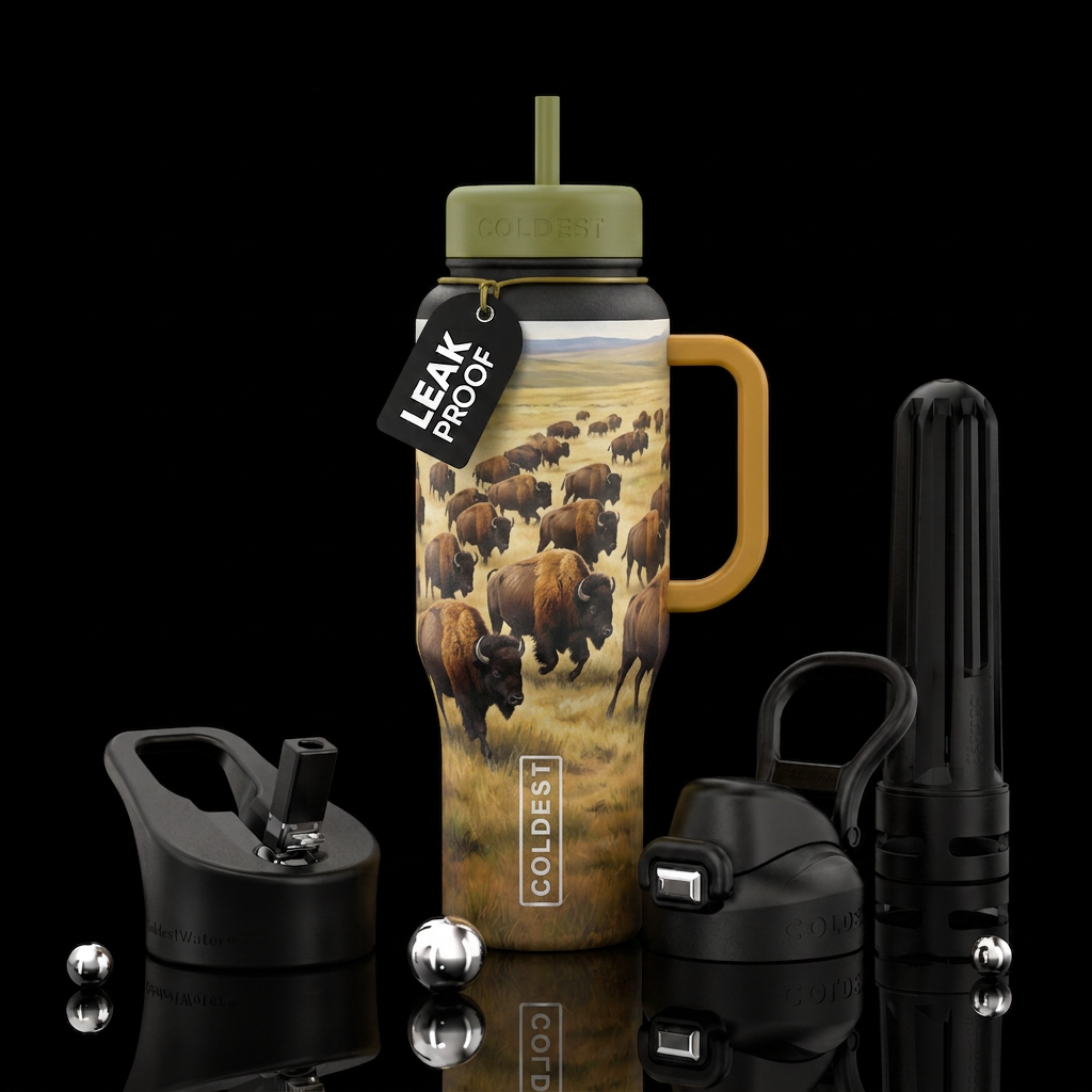 Many buffalo running on the plains water bottle design