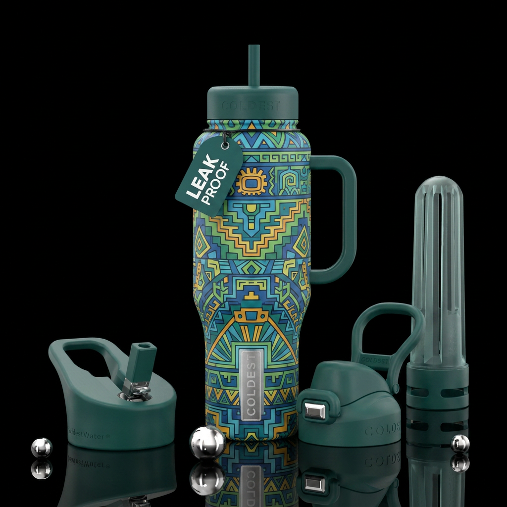 Blue, green, yellow, orange Aztec design water bottle design