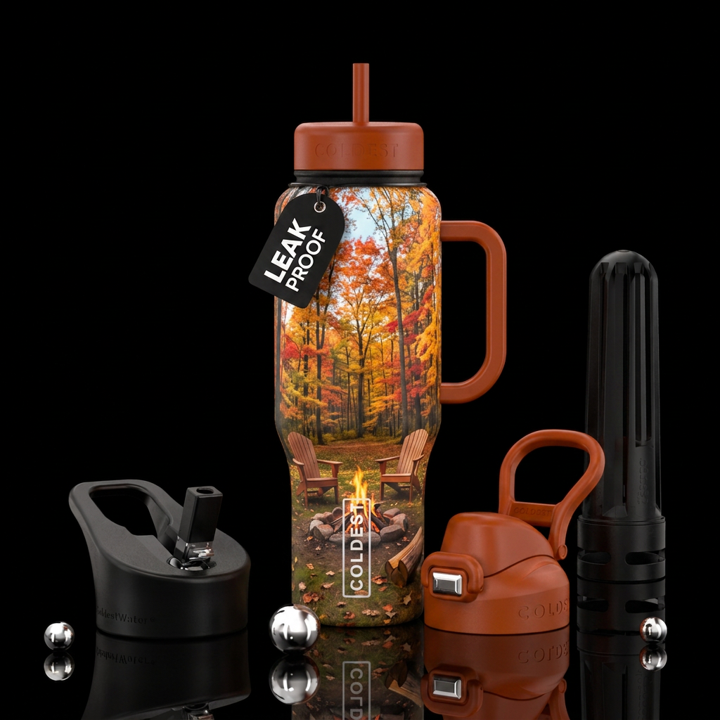 Fall trees midday with Adirondack chairs around a ... water bottle design
