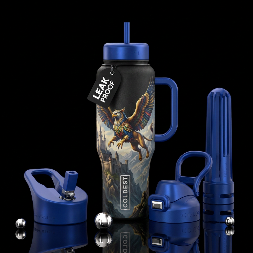 Flying griffin with a castle in the background water bottle design