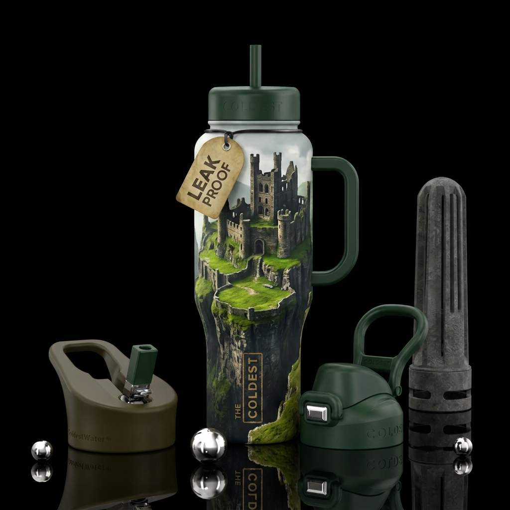 Castle ruins, green grass, cliffs water bottle design