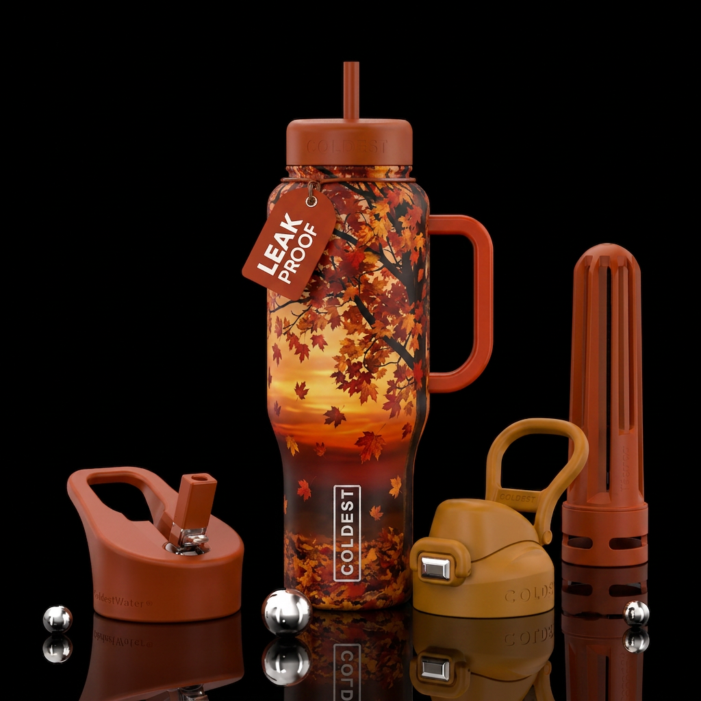 Maple tree at sunset with leaves falling all aroun... water bottle design