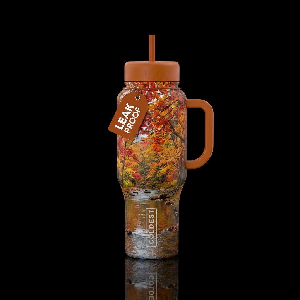 Maple and oak trees in fall by a stream water bottle design