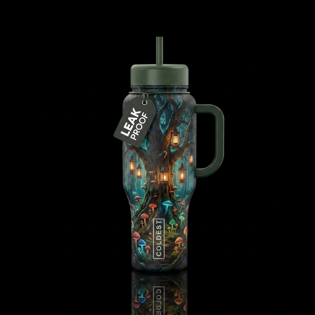 Fairy circle of mushrooms around an forest tree at... water bottle design