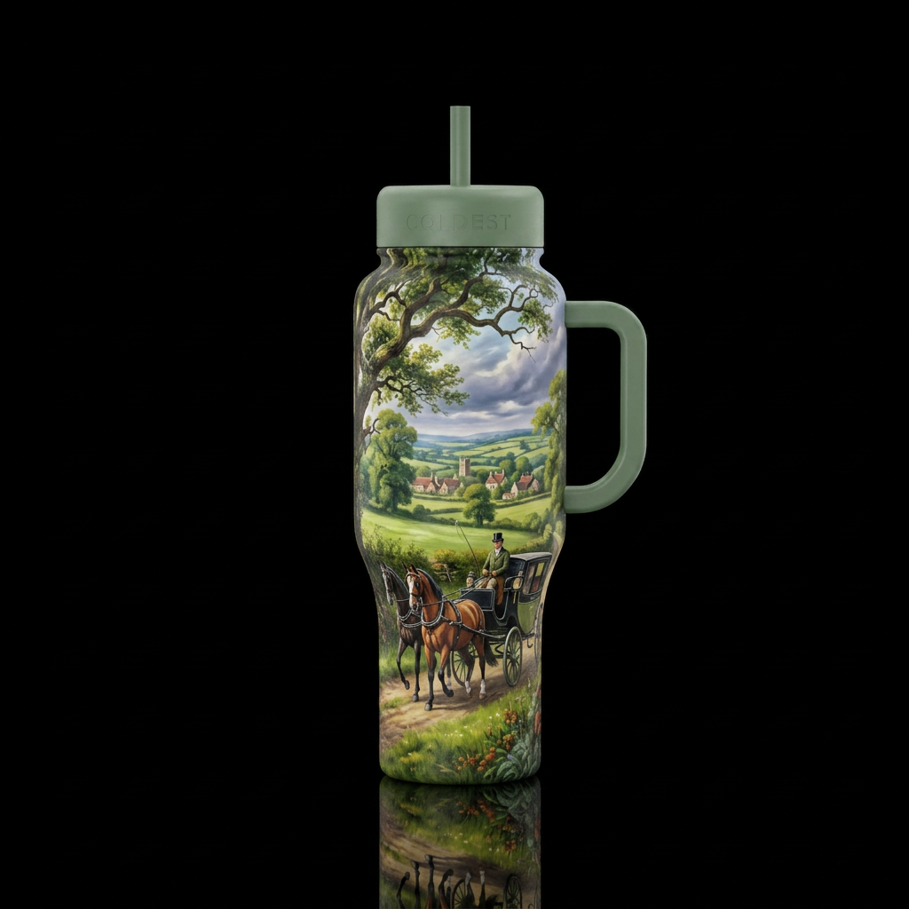 Fancy horse and carriage in English country side w... water bottle design
