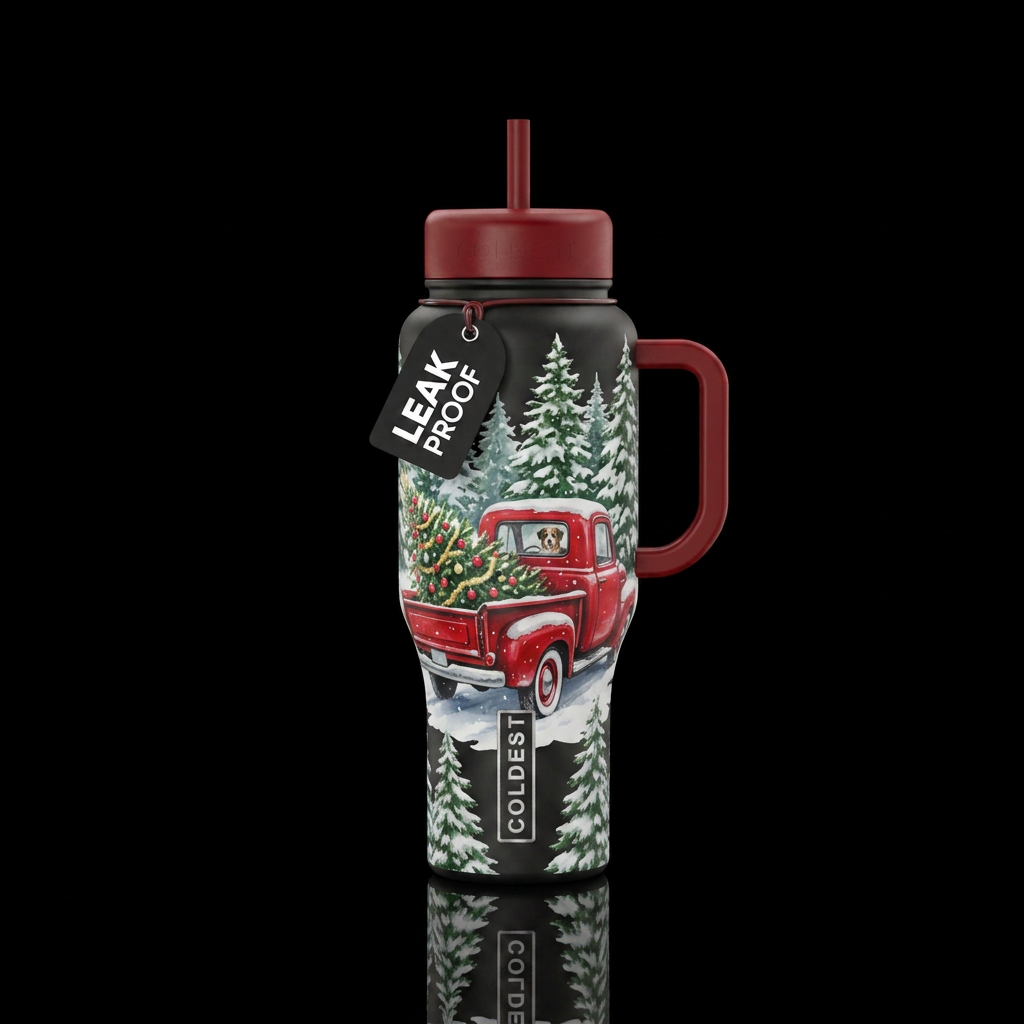 Old red farm truck with Christmas tree tied in the... water bottle design