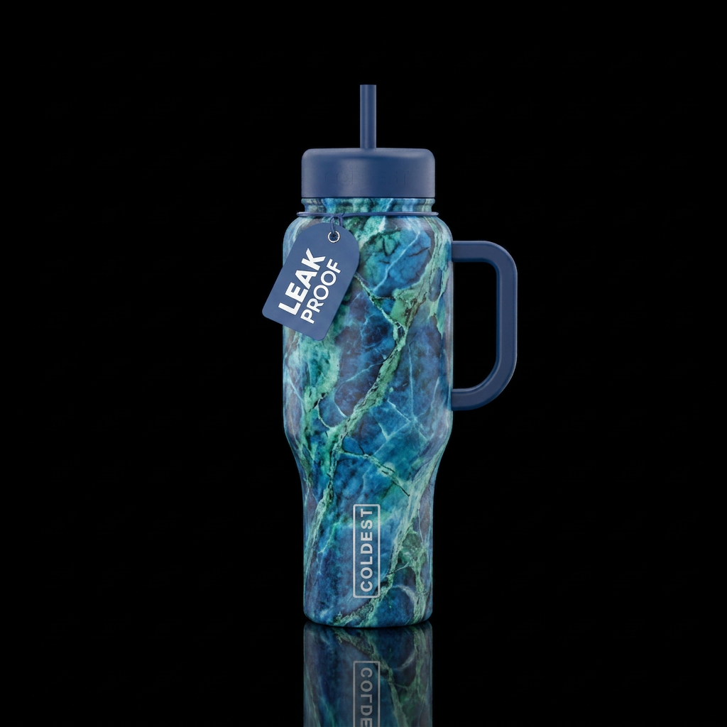 Blue and green marble look water bottle design
