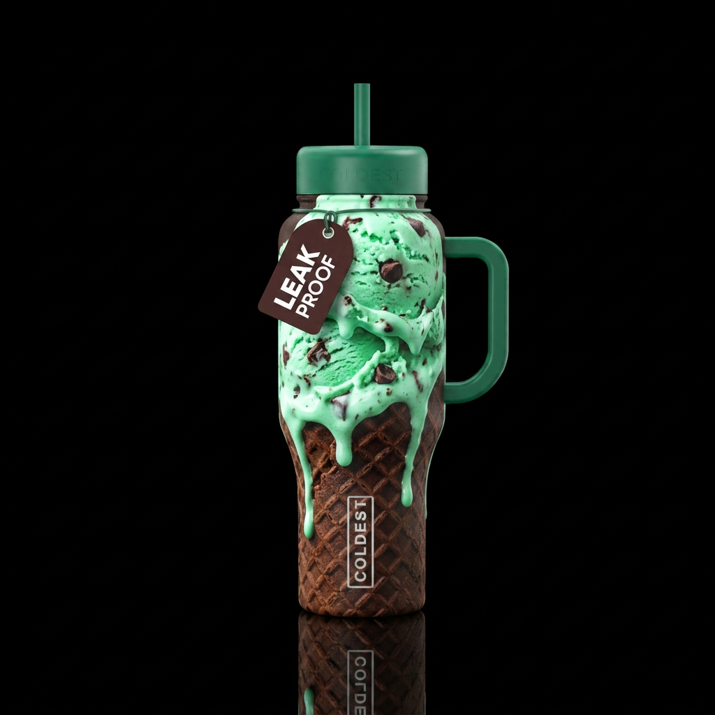 dripping mint chocolate chip ice cream on dark bro... water bottle design