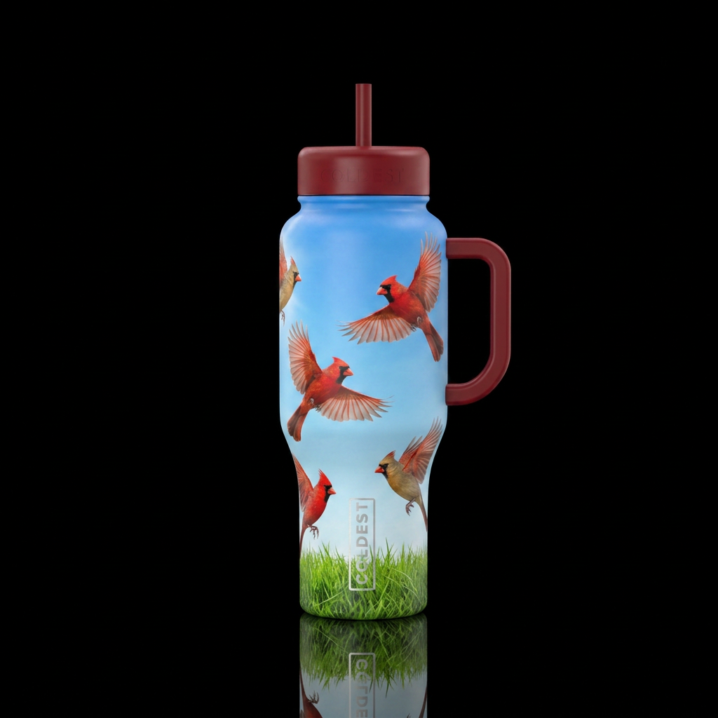 Sky and grass background and a sunny day with Card... water bottle design