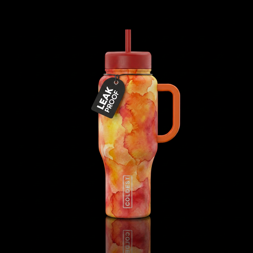 Orange, yellow, red, watercolor water bottle design