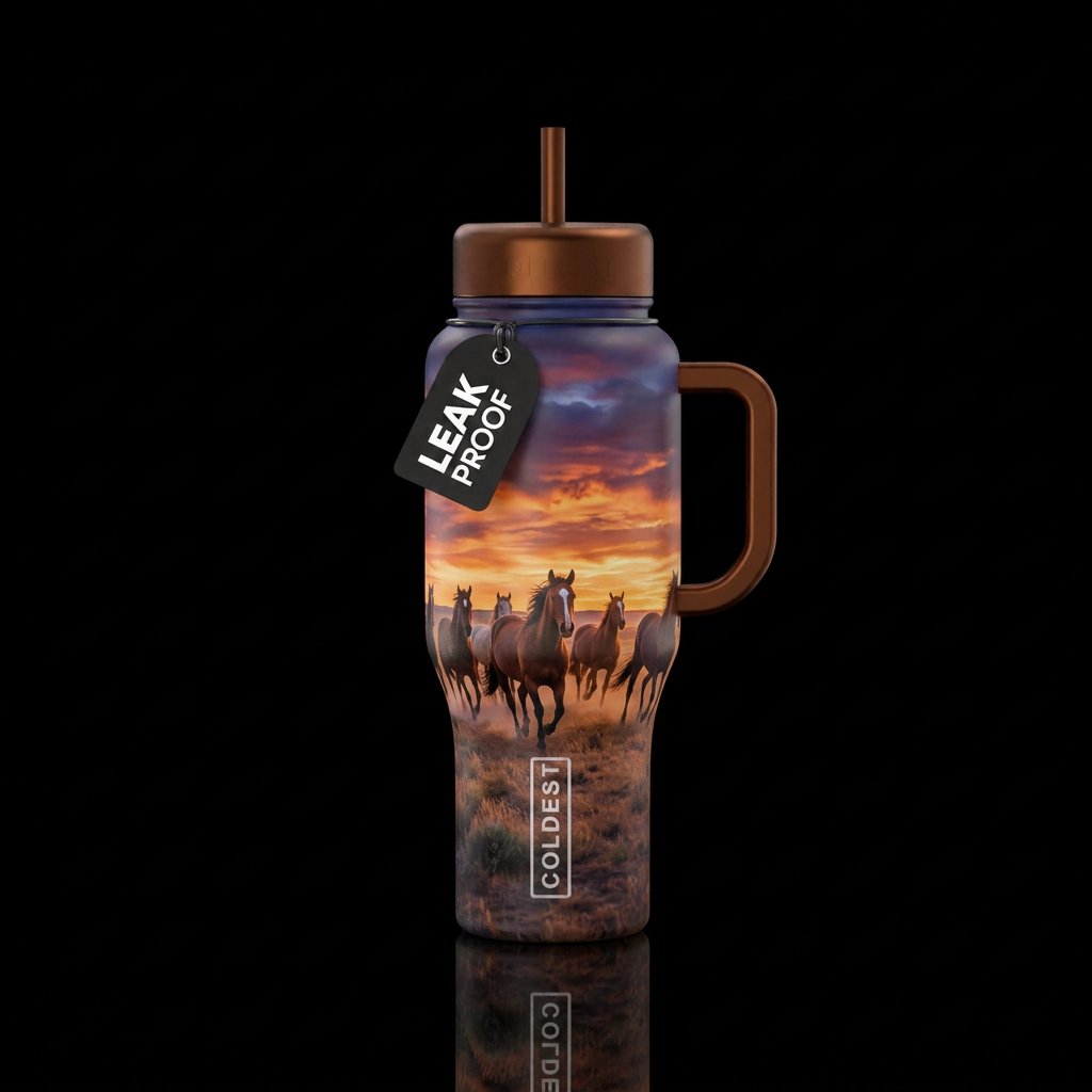 Running mustangs across the prairie at sunset water bottle design