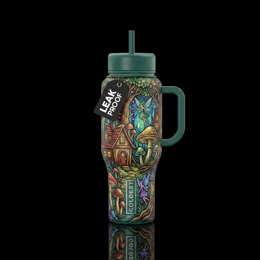forest, woodcut houses trees mushrooms fairies water bottle design