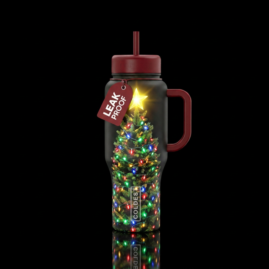 Whole bottle an evergreen tree with multicolored C... water bottle design